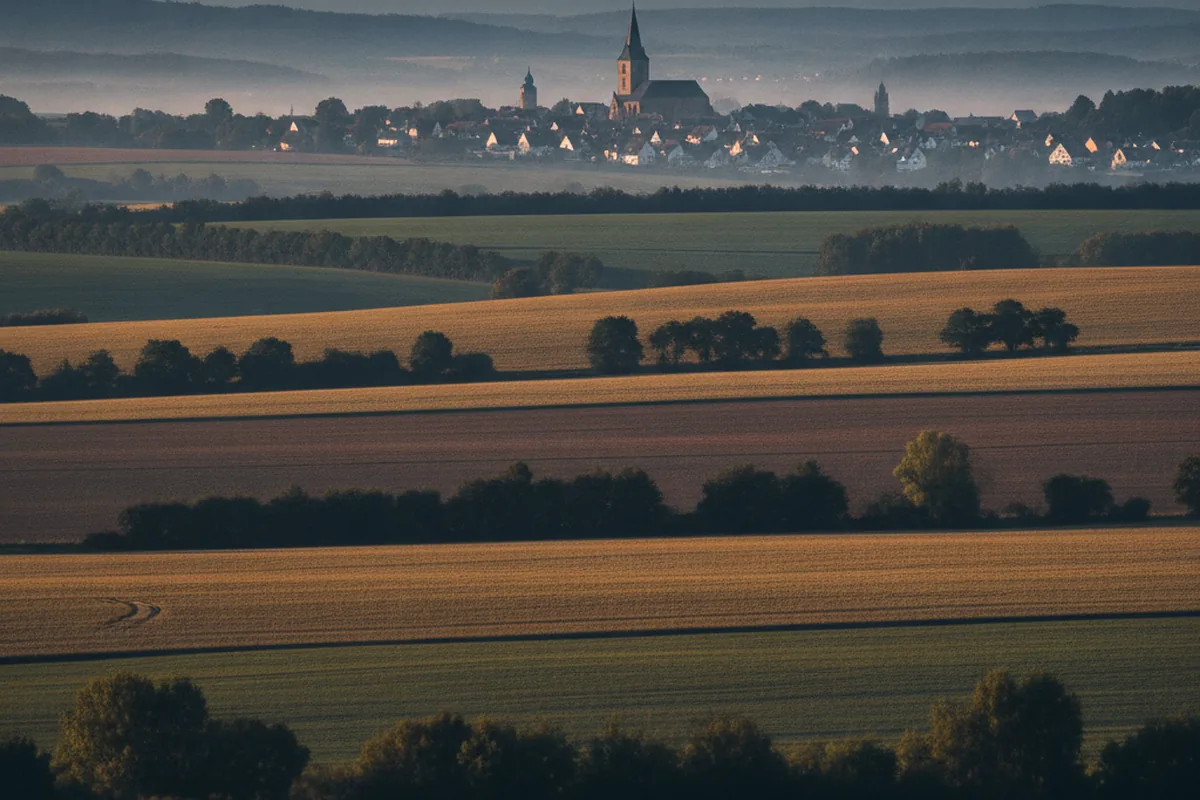 Weite Landschaft mit historischer Kleinstadt — sinnbildlich für den Pendler-Mittelstand-Gürtel des Saalekreises